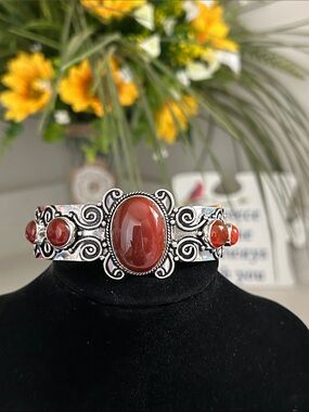 Sterling Silver Carnelian Gemstone Adjustable Bracelet.